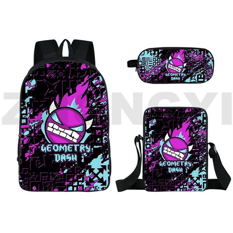 Angry Game 3D 16 Inch Geometry Dash Backpack for Women Cute Cartoon Children Japanese Bag Large Capacity Canvas Daily Packbag