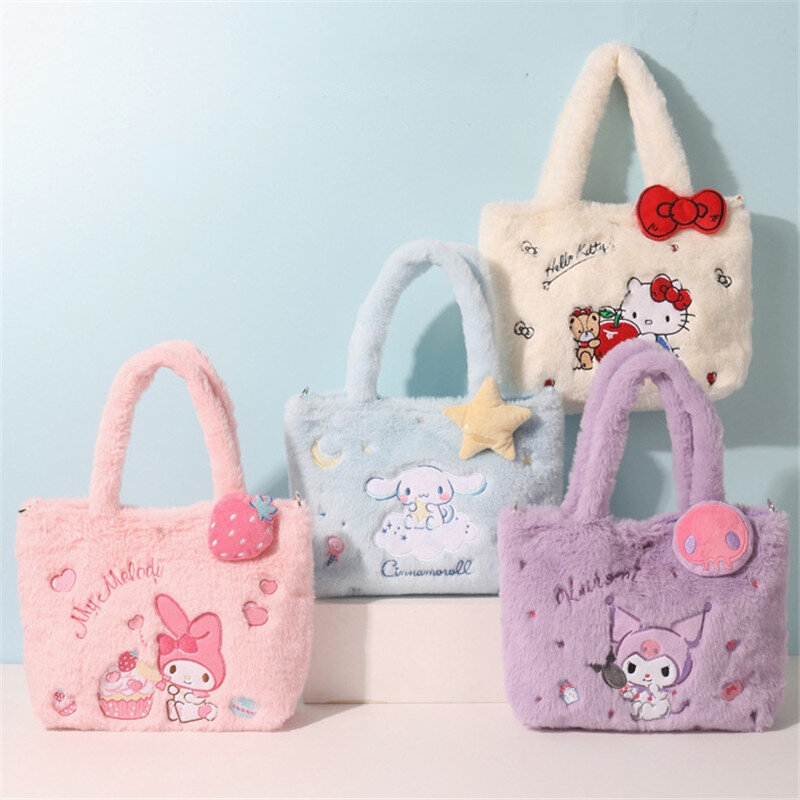 Sanrio-Bolso de felpa Kawaii Cinnamoroll, bolso de mano, bolso de mensajero de hombro, Kuromi Hello Kitty, mochila de maquillaje de peluche, regalo