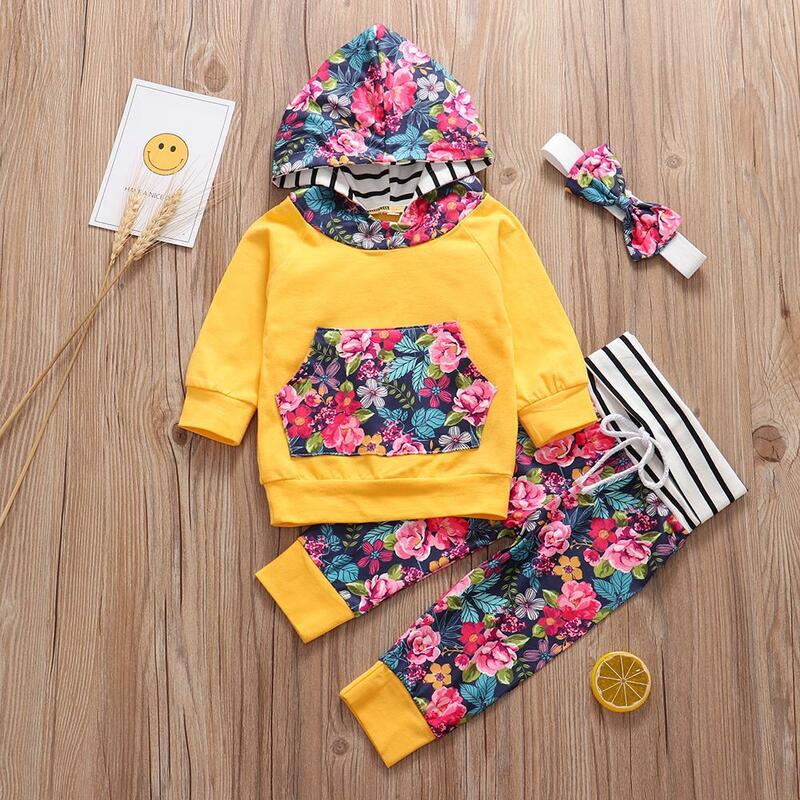 Conjunto de ropa infantil de 3 piezas, Tops de manga larga con capucha, pantalones con estampado de flores, diadema, ropa de otoño e invierno