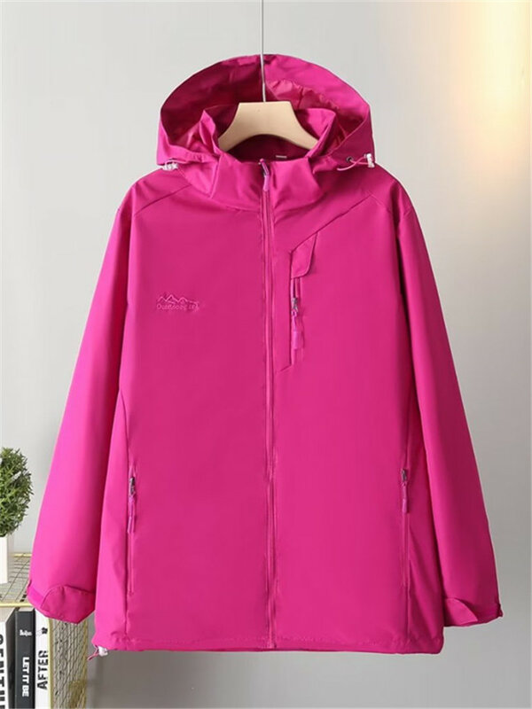Jaqueta de manga comprida feminina com capuz, roupas à prova de vento, plus size, esportiva, casual, monocromática, tamanho grande, outono