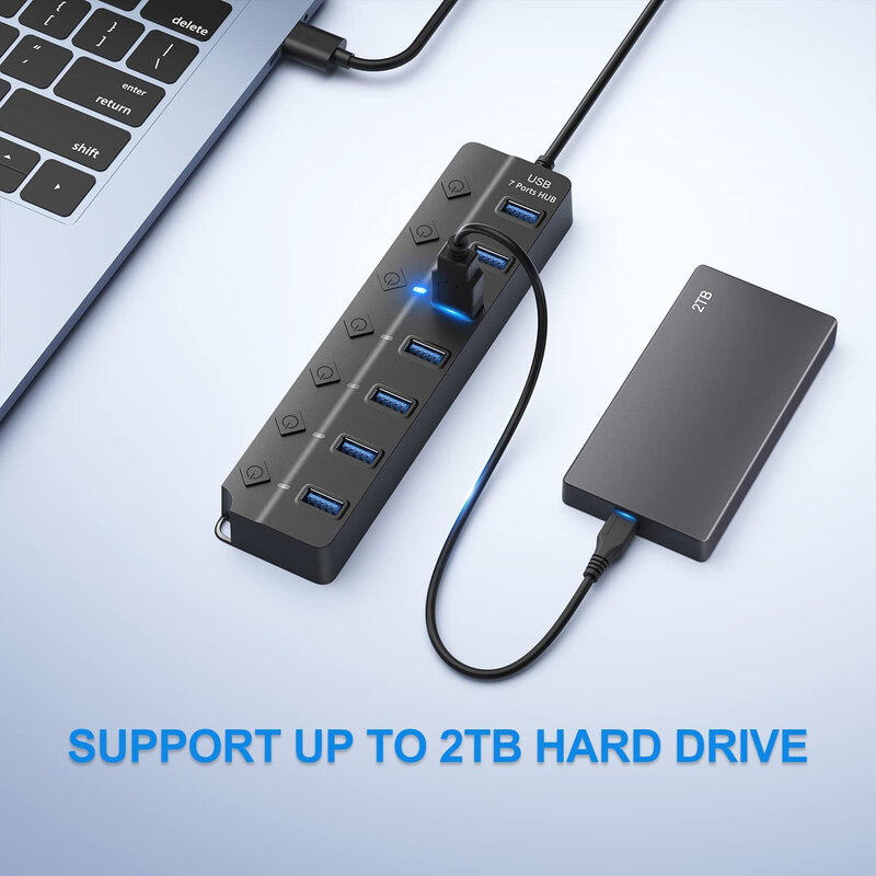 USB Hub 3.0 Multiprise USB pemisah kecepatan tinggi 7 Port 5Gbps Hub adaptor daya dengan saklar kabel panjang dengan beberapa Expander Hub