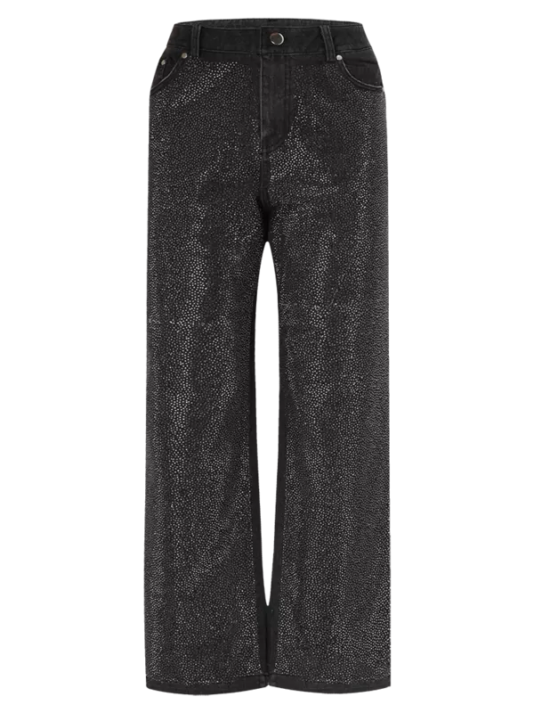 Pantalones vaqueros negros para mujer, pantalón holgado con diseño de diamantes de imitación, cintura alta, pierna ancha, informal, estilo Y2K, primavera 2024