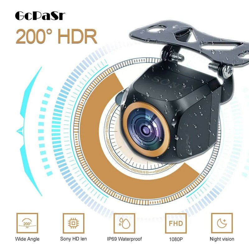 GcPaSr-Câmera reversa Full HD para carro, lente dourada Fisheye de 200 graus, visão noturna, visão traseira universal do veículo, 1080p