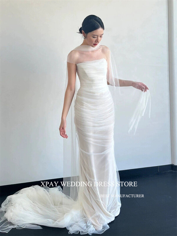 XPAY gaun pernikahan Korea putri duyung tanpa tali syal Tulle lembut pemotretan gaun pengantin panjang lantai buatan khusus elegan