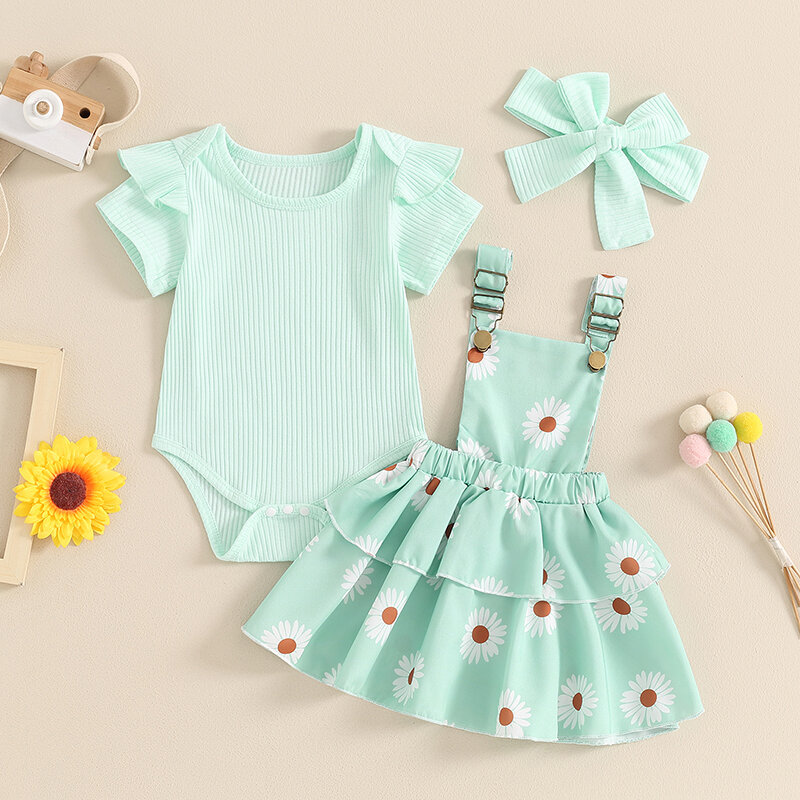 Baby Girl Outfit Spring Summer Short Sleeve Ribbed Romper Tops Suspender Skirt Headband Clothes Set