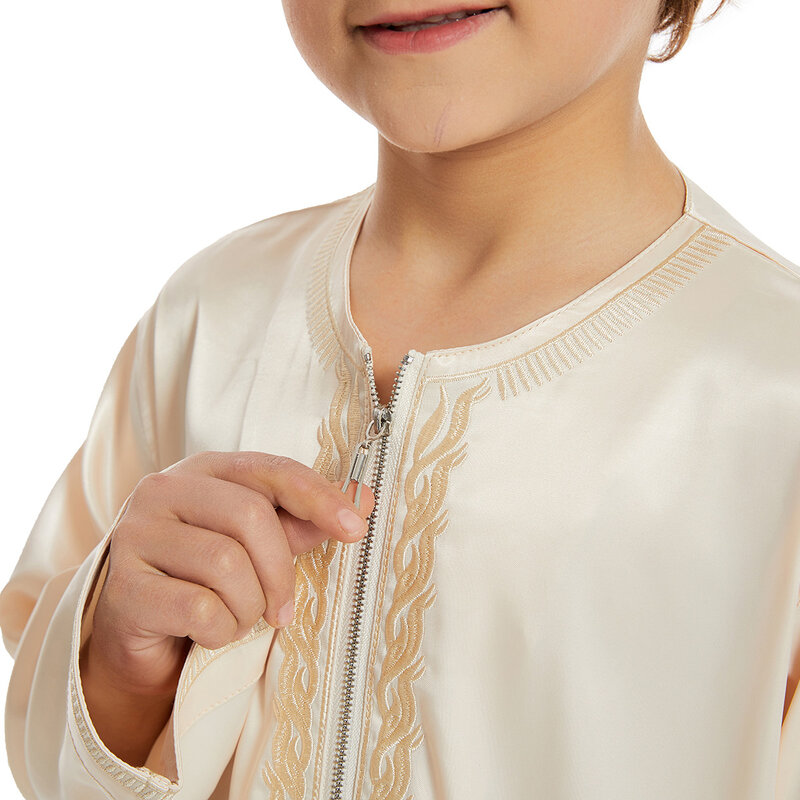 Eid Ramadan Boys Robe O-neck Arabic Long Sleeve Thawb Islamic Muslim Thobe Prayer Garments Saudi Dubai Jubbas Kids Caftan110-160