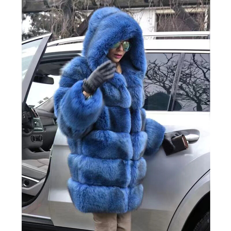 Veste à capuche longue en fausse fourrure pour femme, manteau moelleux, fausse fourrure, fausse fourrure, chaud, hiver, optique, 2023
