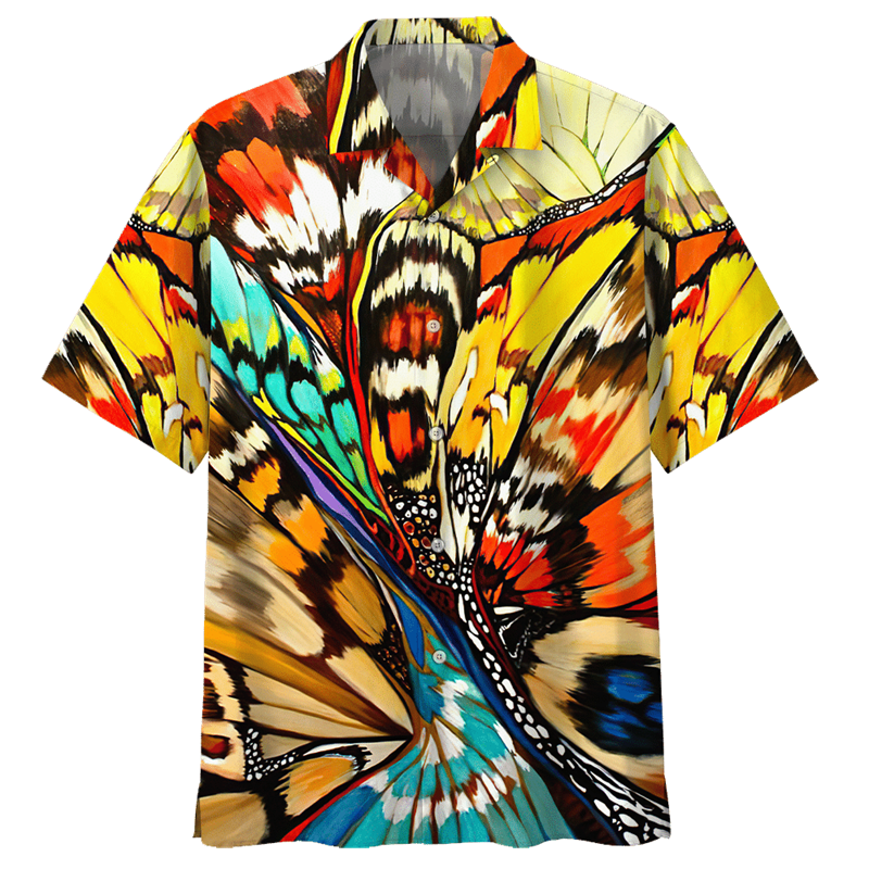 Camisa havaiana de borboleta colorida masculina e feminina Praia do verão Camisas com animais impressos em 3D Manga curta de lapela Blusa de botão, Hot Sale