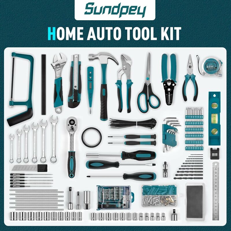 Sundpet Home Tool Kit, conjunto completo de ferramentas domésticas e automáticas, mão básica geral, 379-Pcs