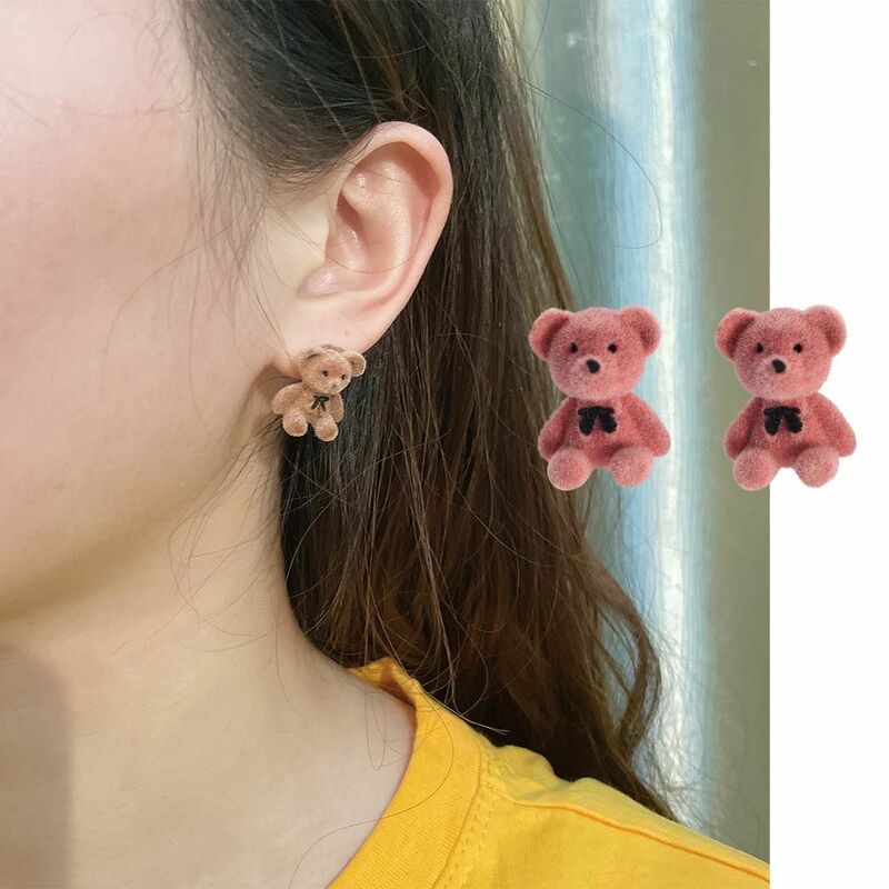 Temperament Women Cut Girls Flocking Bear Stud Earrings Bow Ear Jewelry