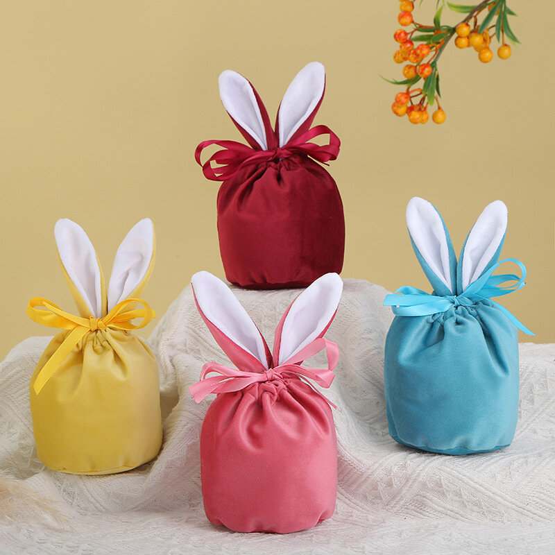 Bolsas de conejo de pascua, bolsa de terciopelo con orejas, caja de embalaje de dulces, decoración de fiesta de boda, regalo