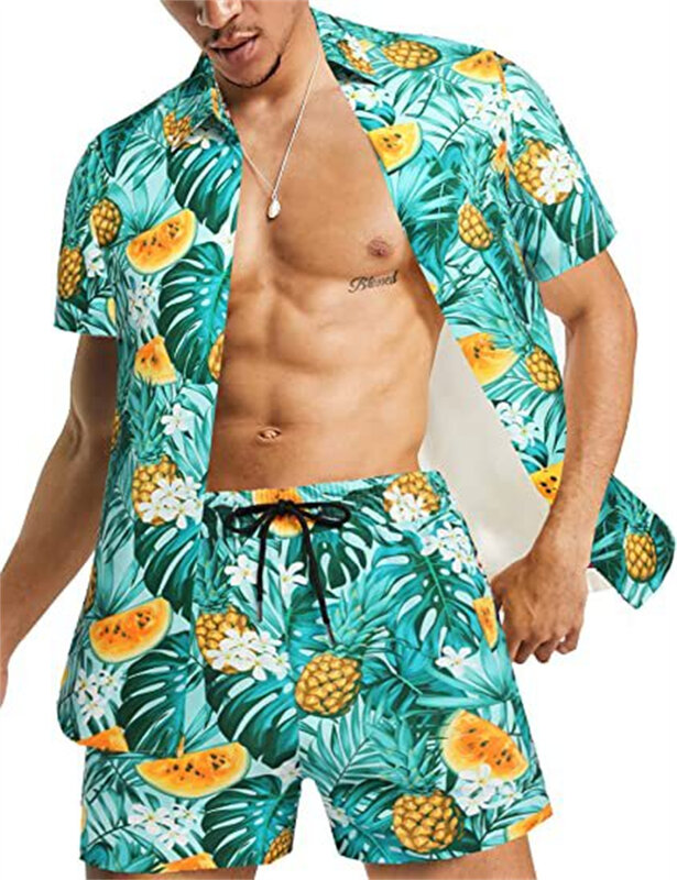 Terno havaiano de camisa e shorts masculino casual de botão manga curta, verão, luxo