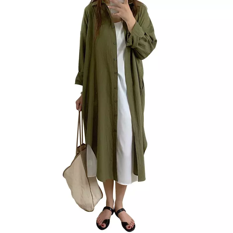 TFETTERS-Vestido camisero largo para mujer, camisa de manga larga, suelta, informal, hasta la rodilla, con botones, moda coreana