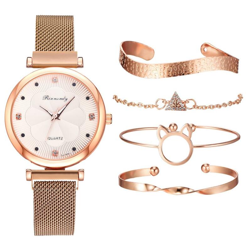Montre-Bracelet à Quartz pour femmes, 5 pièces, ensemble de luxe, boucle magnétique, fleur en strass, à la mode