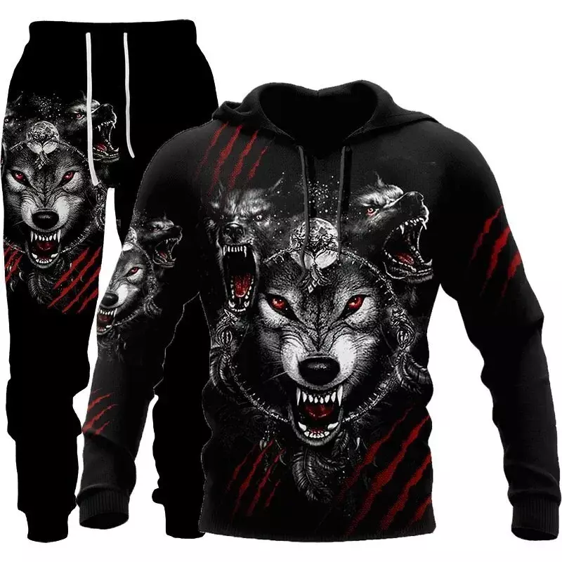 2023 Nieuwe Wolf Hoodie 3d Print Broek Pak Mannen Herfst Casual Sweatshirt Pullover Mannen Trainingspak Set Mode Heren Kleding Pak