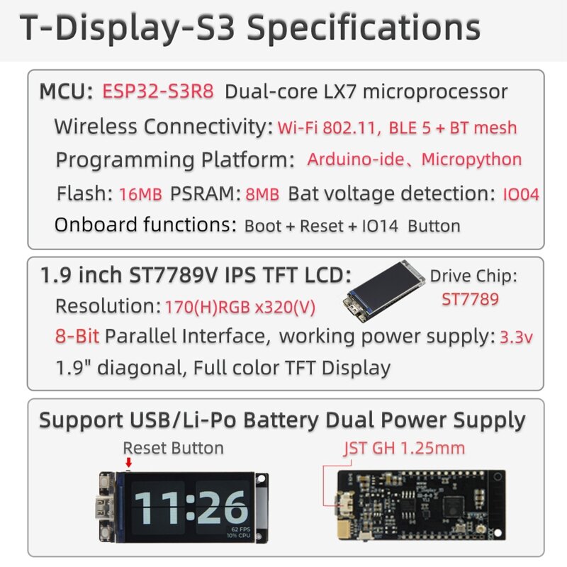 LilyGO T-Display-S3 ESP32-S3 Nirkabel Modul WIFI dengan MCU ESP32-S3R8 Dual Core LX7 Microprofessor Bluetooth Yang Kompatibel