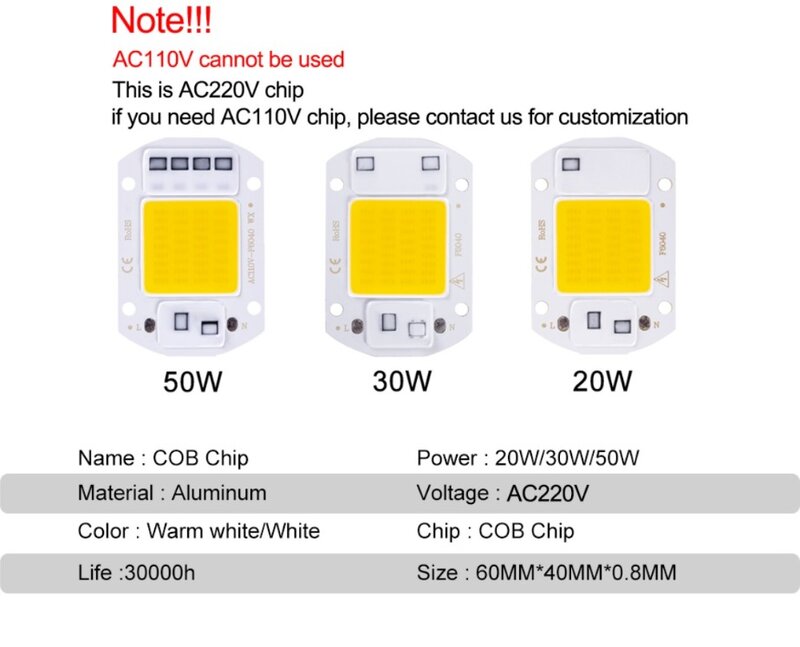 LED COB 램프 비드, DIY 투광 조명, LED 전구 스포트라이트, 야외 칩 램프, 10W, 20W, 30W, 50W, AC 220V, 240V, IP65 스마트 IC, 드라이버 불필요