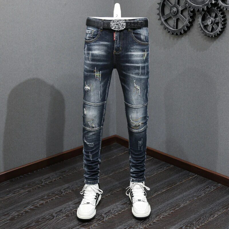 Modne dżinsy męskie uliczna Retro czarny niebieska elastyczna rozciągliwe dopasowanie porwane jeansy męska projektantka haftów Hip Hop spodnie dżinsowe Hombre
