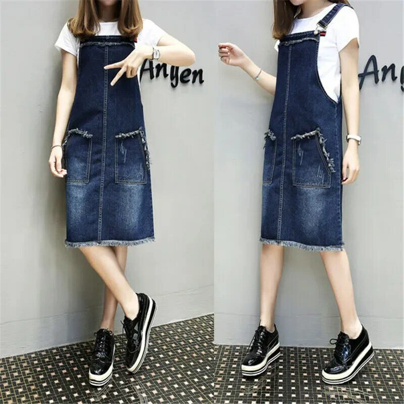 Summer Adjustable Strap Denim Dress Sundress Women Sleeveless Loose Jeans Dresses Large Size Female Korean Street Robe Z281