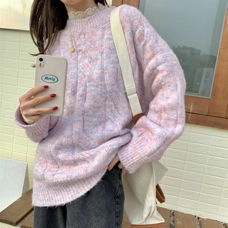 Korean Style Solid Beige Knitted Sweater Women Crewneck Oversize Long Sleeve Thick Pullover Jumper Winter 2021 Tops