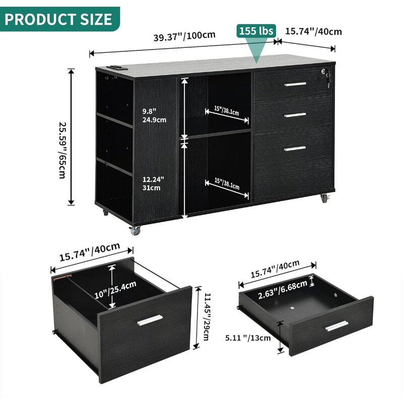YITAHOME File Cabinet with Charging Station, Mobile Lateral Filing Cabinet with Lock for Home Office, Printer Stand