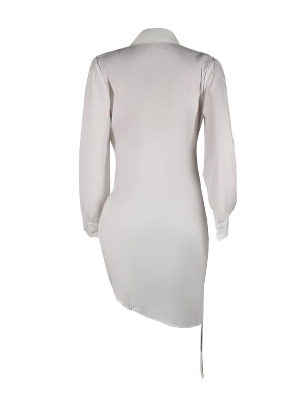 LW Plain White Dresses Turndown Collar Side Drawstring Shirt Mini Dress Polo Collar Long Sleeve Deep V Neck Button Vestidos