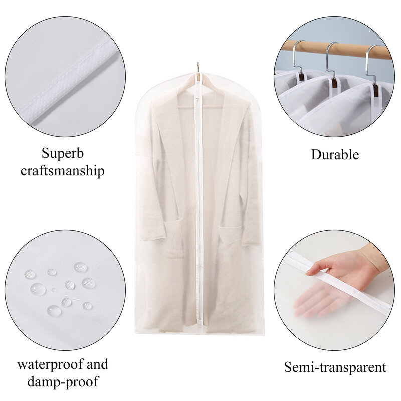 Impermeável Branco Borda Doméstico Pendurado Saco De Roupas, Ampliado Engrossado Suit Dress Bags, Tampa contra poeira, 2 pcs