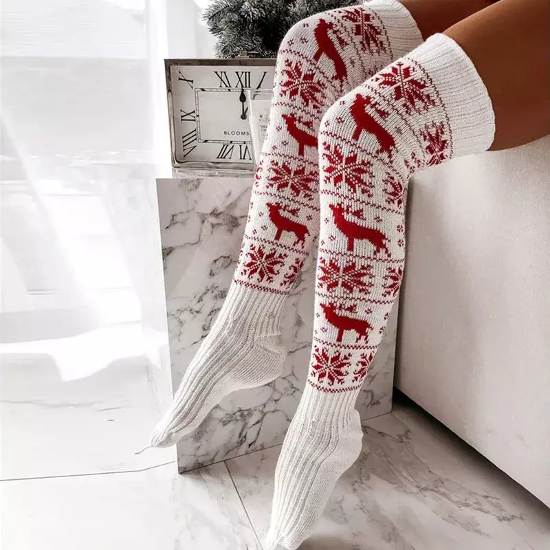 ถุงเท้ายาวถึงเข่าสำหรับผู้หญิงถุงเท้าขนสัตว์ถักลายคริสต์มาสเอลค์เกล็ดหิมะ