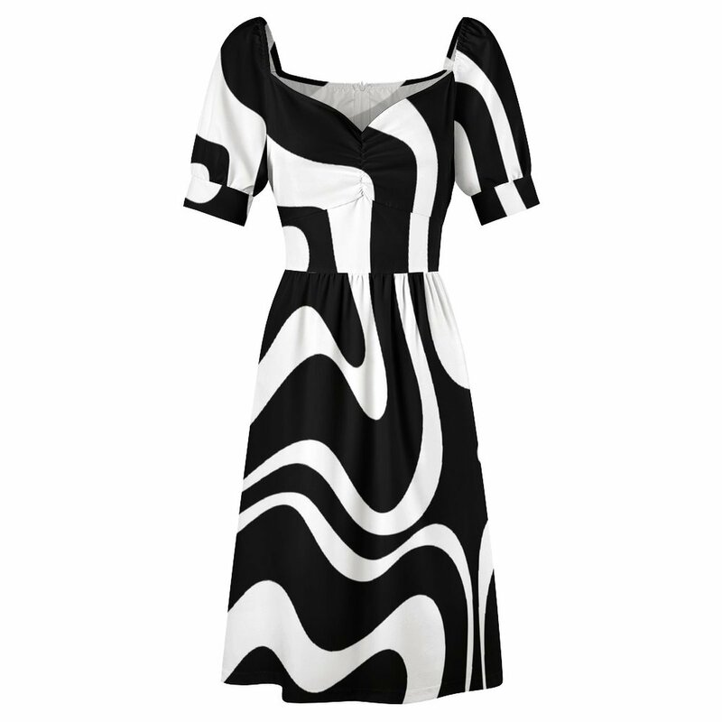 Vestido feminino líquido redemoinho abstrato padrão quadrado, vestidos de praia sem mangas, moda preto e branco, retrô, moderno
