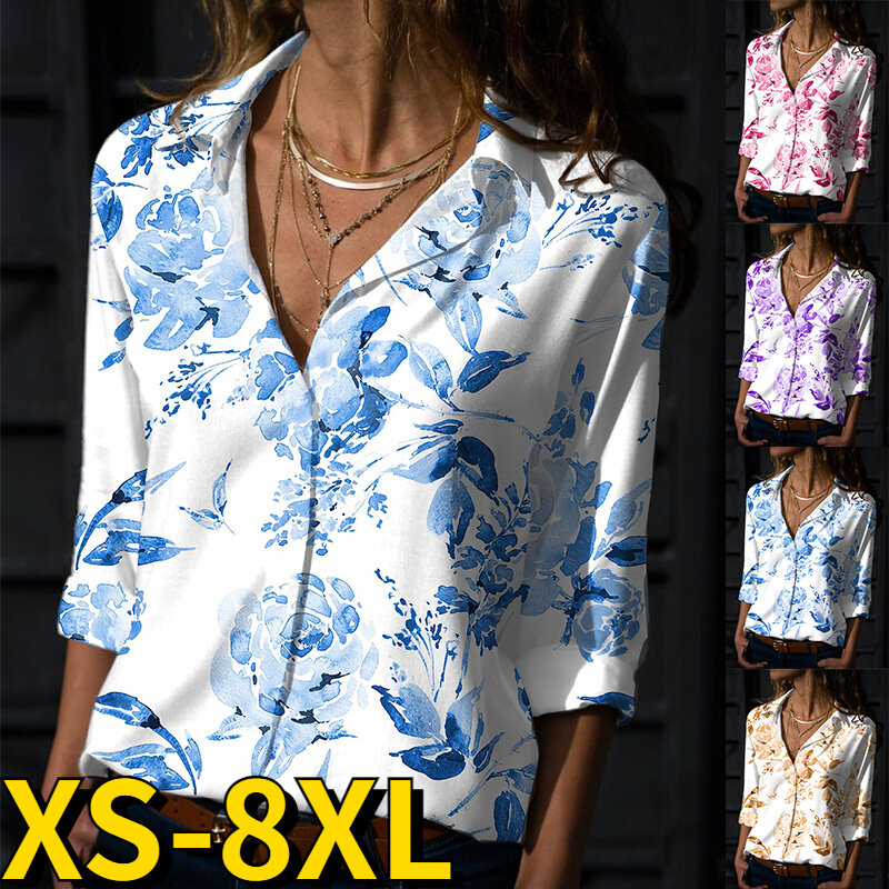 2022 New Autumn Winter Women's Floral Print Shirt Sexy V-neck Loose Tops Button Long Sleeve Everyday Street Floral Print Blouses