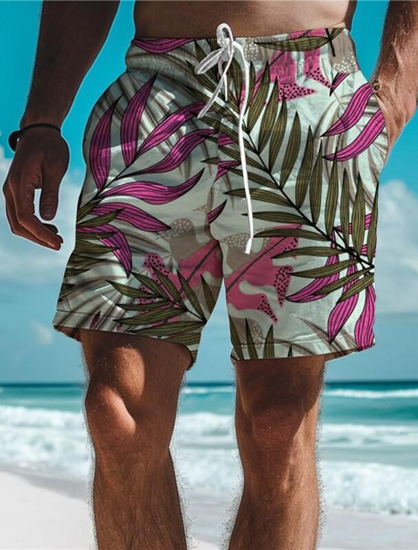 Celana pendek pria, celana pendek Hawaii pendek 3D motif daun tropis tali serut elastis bernapas meregang pendek gaya Aloha