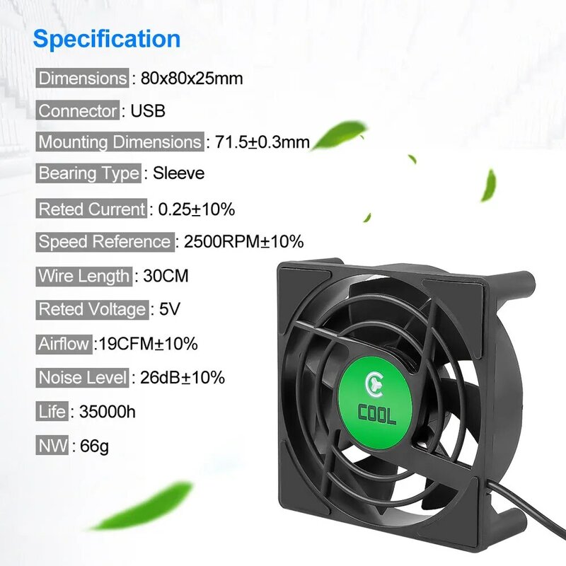 DC 5V USB Mini Cooling Small Fan 80x80x25mm silent tv box  Radiator 7 Blades Cooling Fan for TV Box Set Top Box With 30cm Cable
