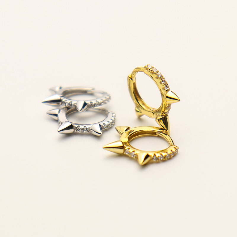 925 Sterling Silver Ear Needle Punk Tricuspid Cone Zircon Hoop Earrings Fashion Trend Women's Earrings Cool hip-hop Jewelry