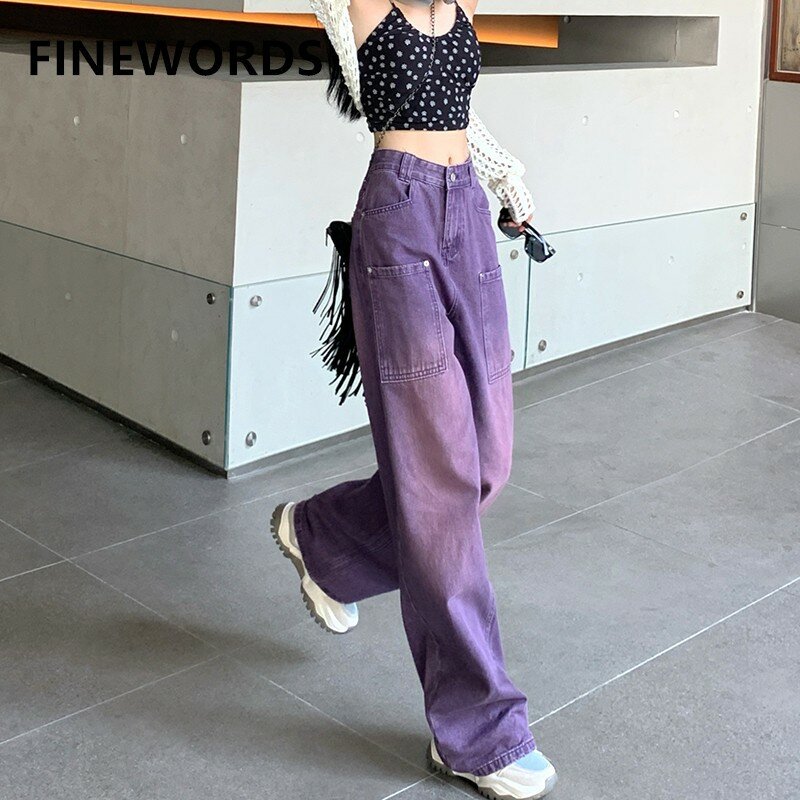FINEWORDS Vintage สีม่วง Y2K หลวมกางเกงยีนส์ผู้หญิงเกาหลีแบบสบายๆเอว Streetwear กางเกงยีนส์ล้างกางเกงยีนส์ขากว้าง