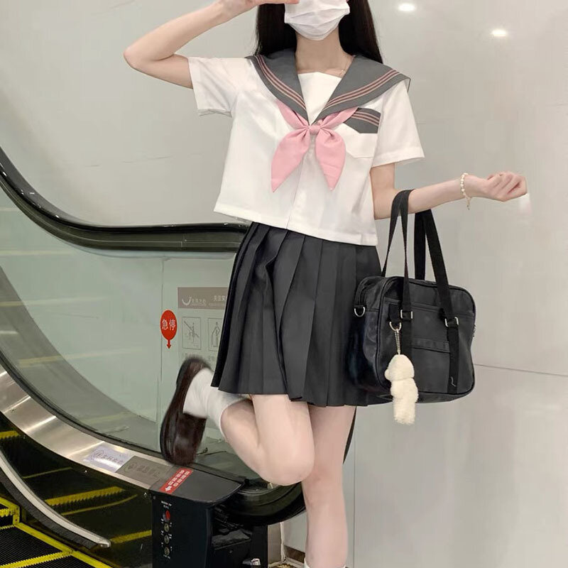 New gray JK uniform sailor suit Japanese embroidered School uniform spring Summer long-sleeved college style pleated skirt suit