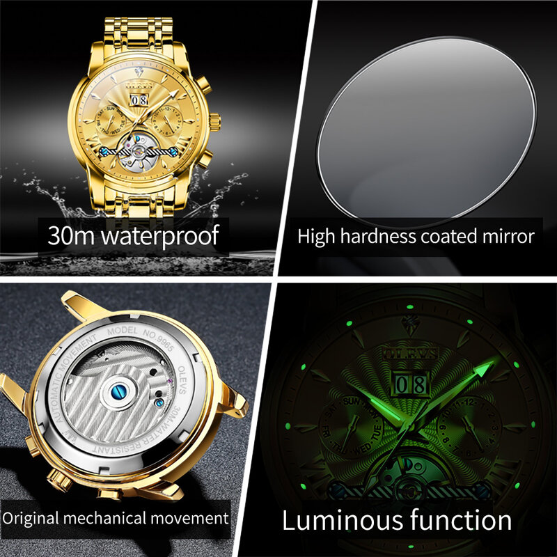 Olevs-完全自動機械式時計,男性用,スケルトン腕時計,オリジナルのステンレススチールブレスレット,ゴールドカラー,高級ブランド