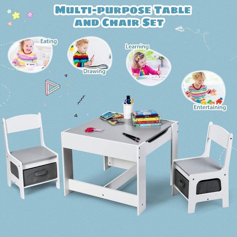 Set tavolo e sedia per bambini Costzon, tavolo da attività in legno 3 in 1 per arti, mestieri, disegni, lettura, sala giochi per bambini piccoli