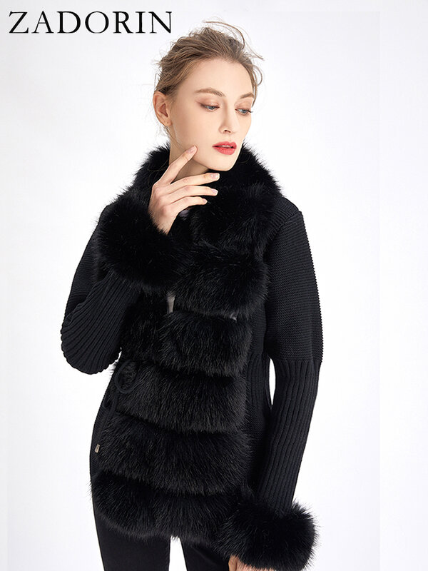 ZADORIN Fall Winter Women Faux Fur Coat Luxury Knitted Sweater Fur Cardigan Detachable Collar White Pink Jacket Faux Fur Coats
