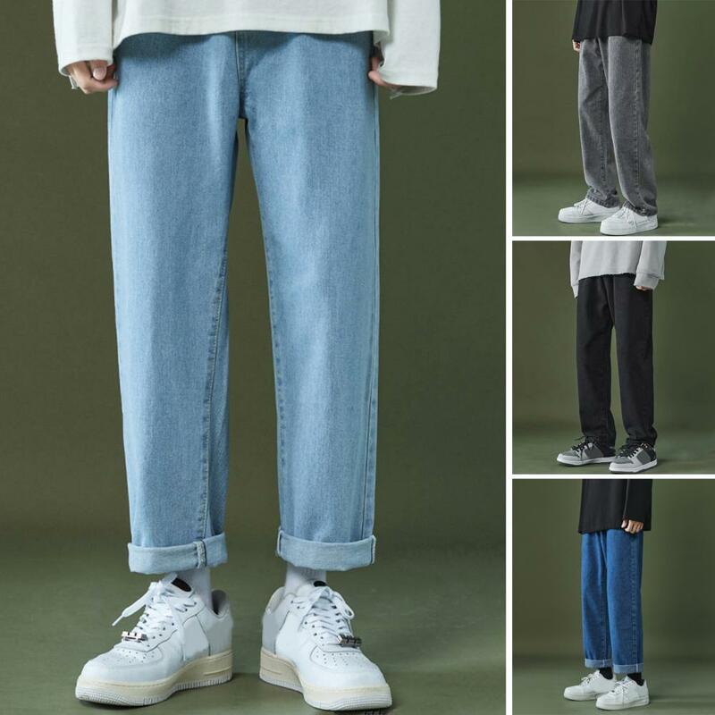 2024New Korean Fashion Men's Casual Baggy Long Jeans Classic Man Straight Denim Wide-leg Pants Solid Color Light Blue Grey Black