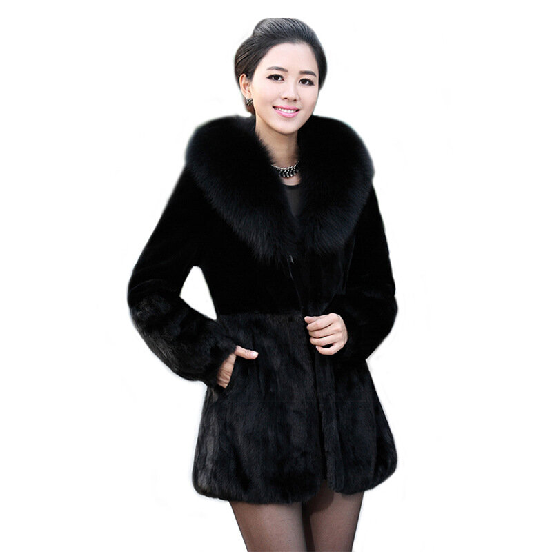 女性のイミテーションレザーのコート,新しい,冬の毛皮のコート,大きな毛皮の襟,ミンクの毛皮のコート
