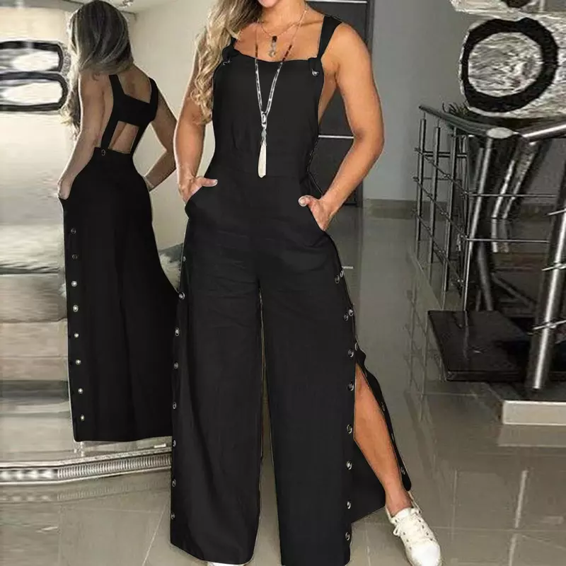 2024 Button Jumpsuit Spaghetti Long Camis Pocket Summer Vintage Loose Wide Leg Overall Jumpsuit Playsuits Pocket Bodysuits Women