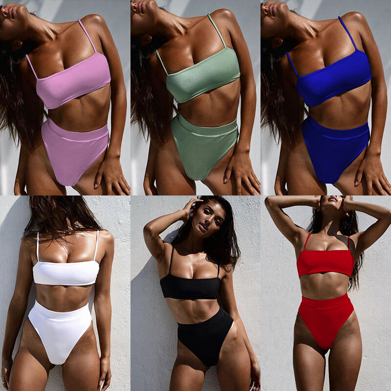 Conjunto de biquíni sexy monocromático de cintura alta feminino, maiô, maiô, push up, moda praia, 3 cores