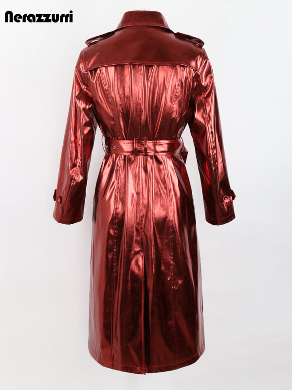 Nerazzurri-gabardina larga reflectante de charol para mujer, abrigo con fajas, doble botonadura, moda europea, primavera y otoño, 2022