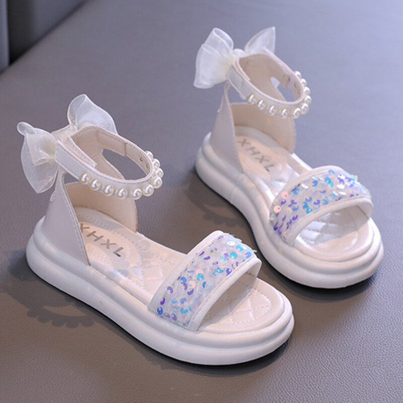 2024 Girls Sequins Roman Sandals Summer New Children Princess Bowtie Sandals Fashion Chic Kids Causal Open-toe Gladiator Sandals