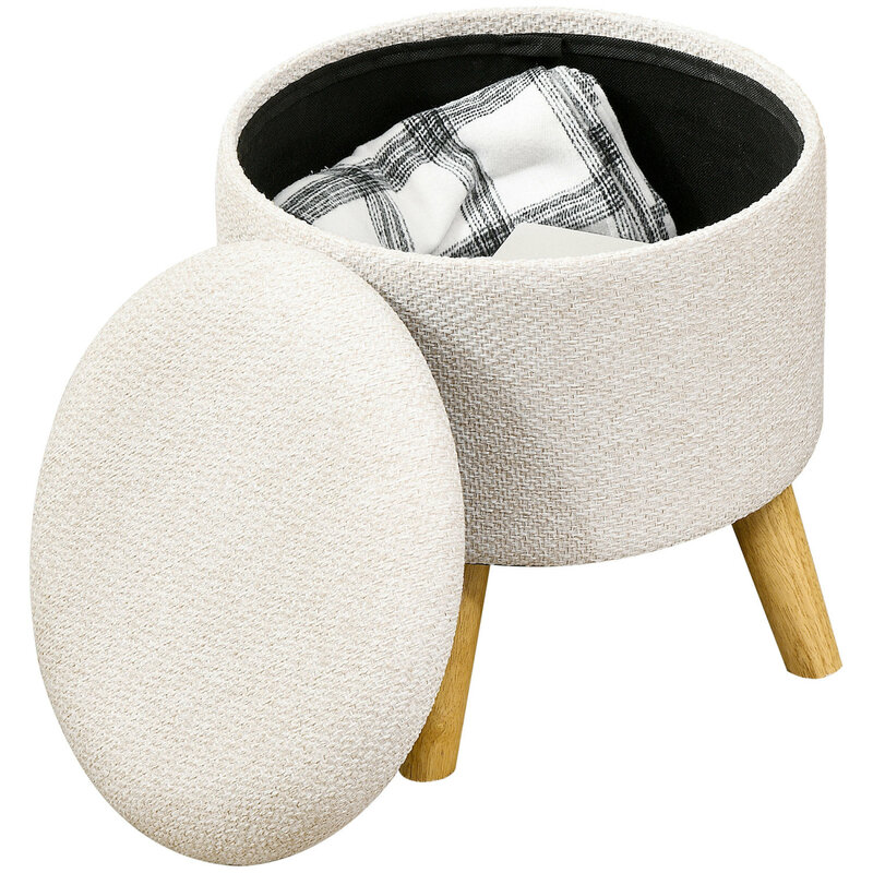 Cream White HOMCOM Round Storage Ottoman, Elegant Stool Chair with Comfortable Cushioned Top for Living Room and Bedroom Decor, 