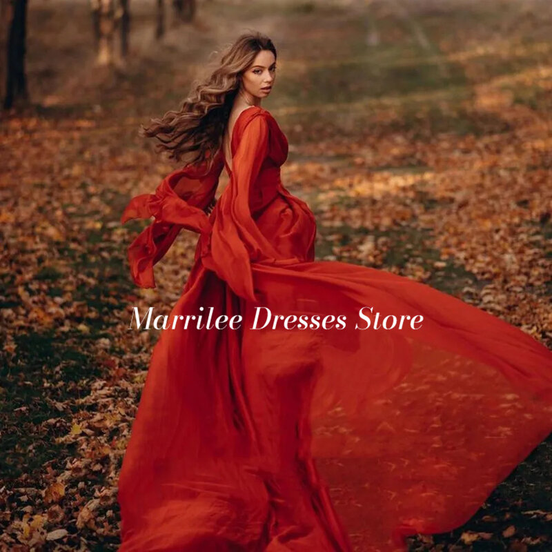 Marrilee Elegant Red V-Neck Chiffon Evening Dress Sexy A-Line Backless Floor Length Long Sleeveless Prom Gown 2024 Vestido largo