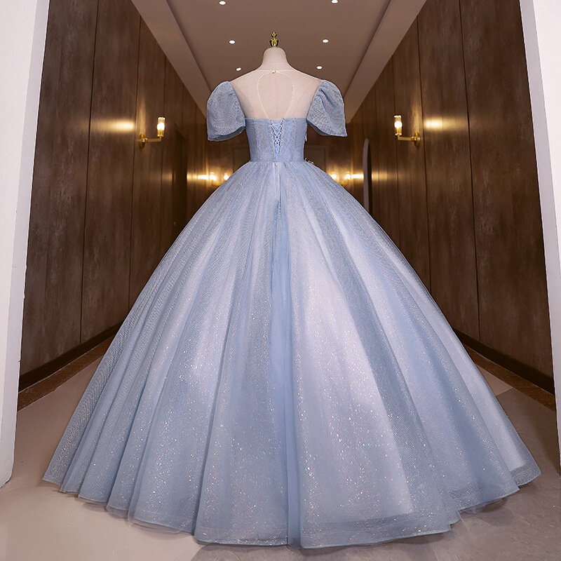 ブルーボールガウンウエディングドレス3D花アップリケキラキラスパンコールイブニングドレスショートスリーブホームカミングのローブデのみ |