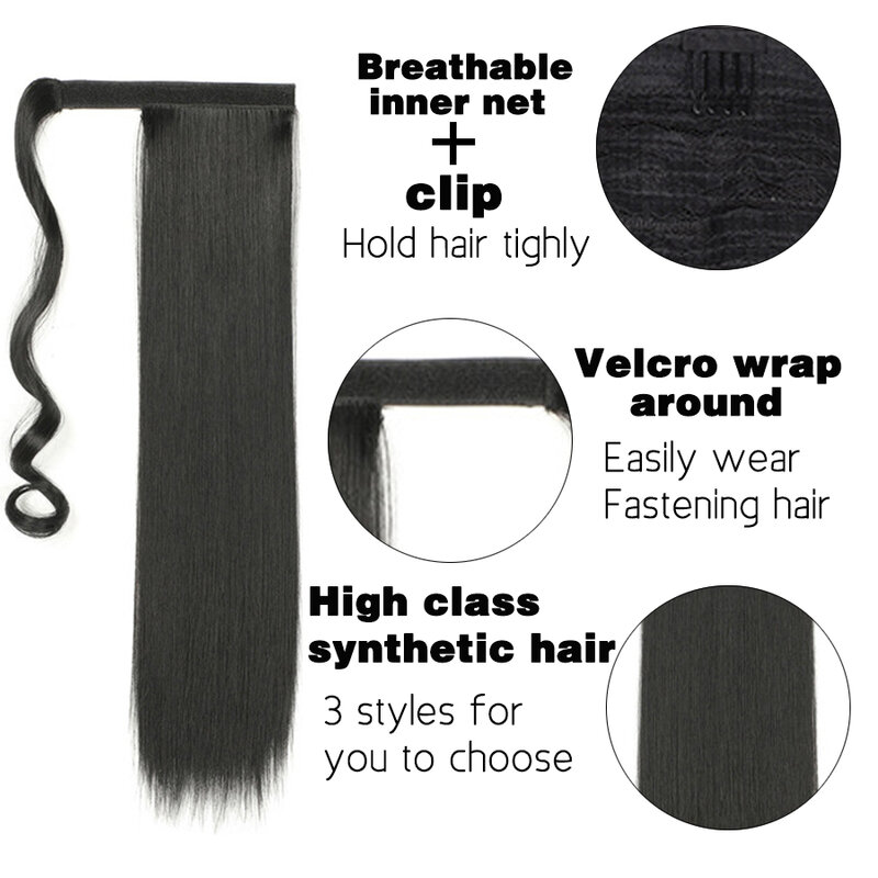 女性用ポニーテール付き人工毛エクステンション、ストレートクリップ、フルヘッドで使用するヘアエクステンション、5セット、クリップ