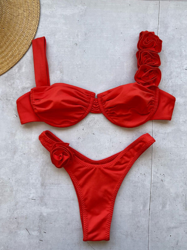 Conjunto de biquínis 3D floral underwire push-up feminino, moda praia verão, maiô 2 peças, moda praia sexy de cintura alta, novo, 2022