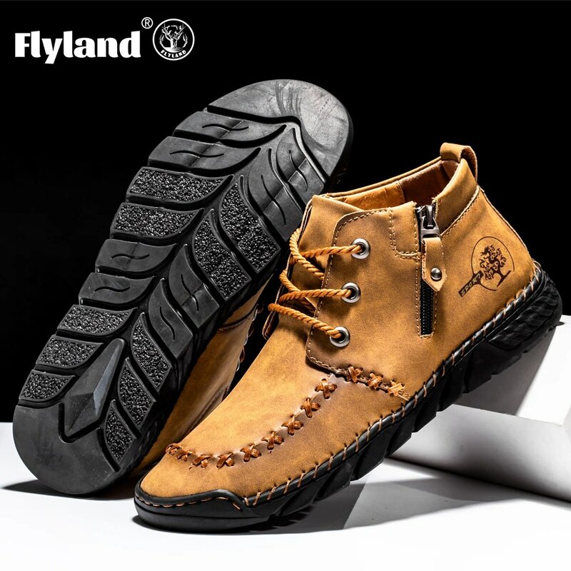 FLYLAND High Quality Handmade Mens Genuine Leather Casual Boots Breathable Walking Shoes Warm Boots Driving Shoes Plus Size 48